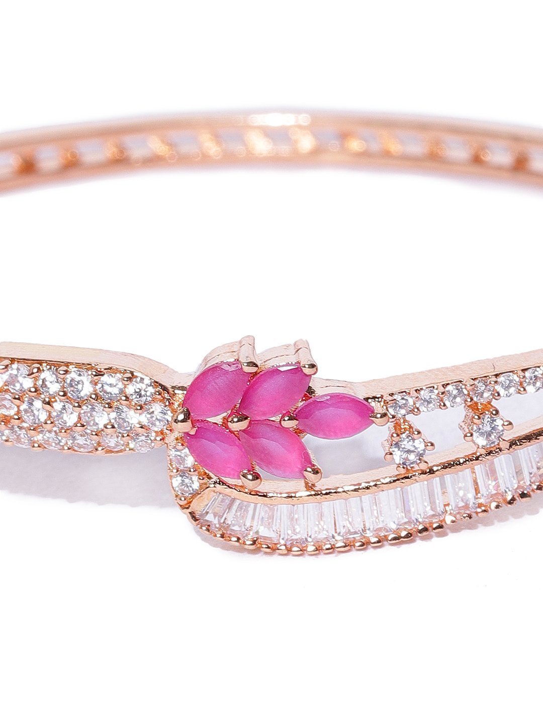 Women's Rose Gold-Plated Ruby and American Diamond Studded Bracelet in Floral Pattern - Priyaasi