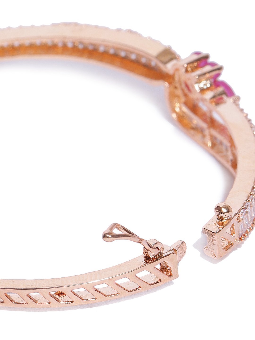 Women's Rose Gold-Plated Ruby and American Diamond Studded Bracelet in Floral Pattern - Priyaasi
