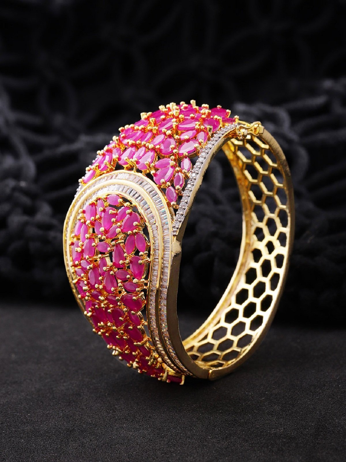 Women's Gold-Plated American Diamond and Ruby Studded Kada Bracelet in Pink Color - Priyaasi