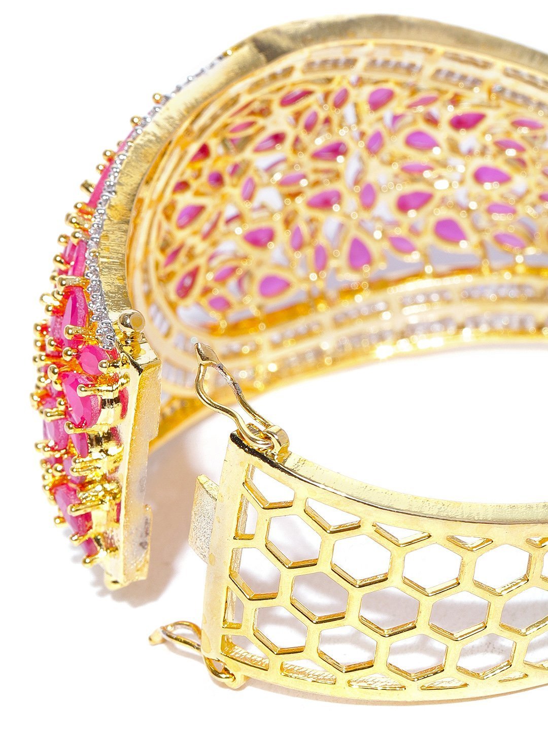 Women's Gold-Plated American Diamond and Ruby Studded Kada Bracelet in Pink Color - Priyaasi
