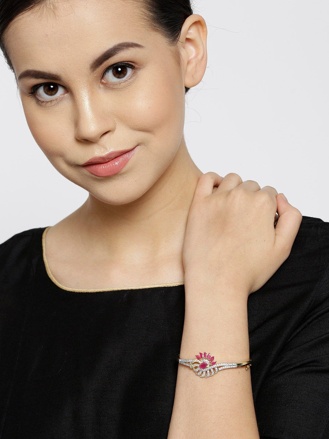 Women's Gold-Plated Pink, American Diamond and Ruby Studded Bracelet in Floral Pattern - Priyaasi