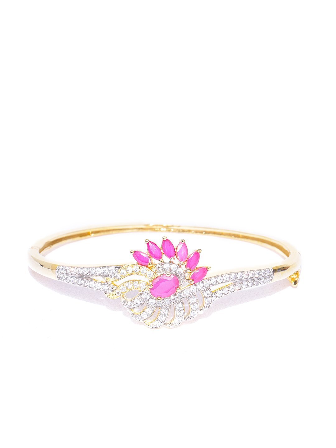 Women's Gold-Plated Pink, American Diamond and Ruby Studded Bracelet in Floral Pattern - Priyaasi