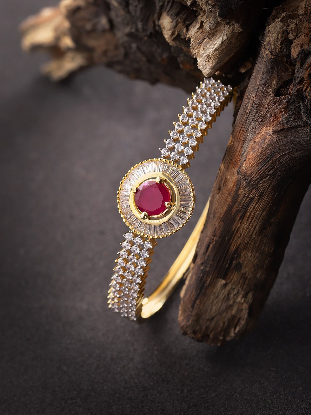 Women's Gold-Plated American Diamond and Ruby Studded Bracelet in Pink Color - Priyaasi