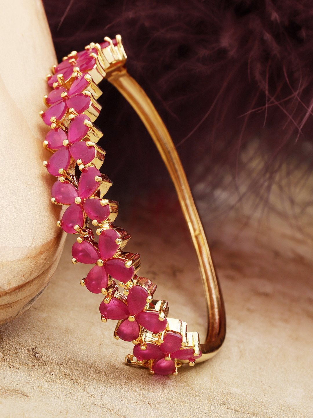 Women's Ruby Stones Studded Gold-Plated Bracelet in Floral Pattern - Priyaasi