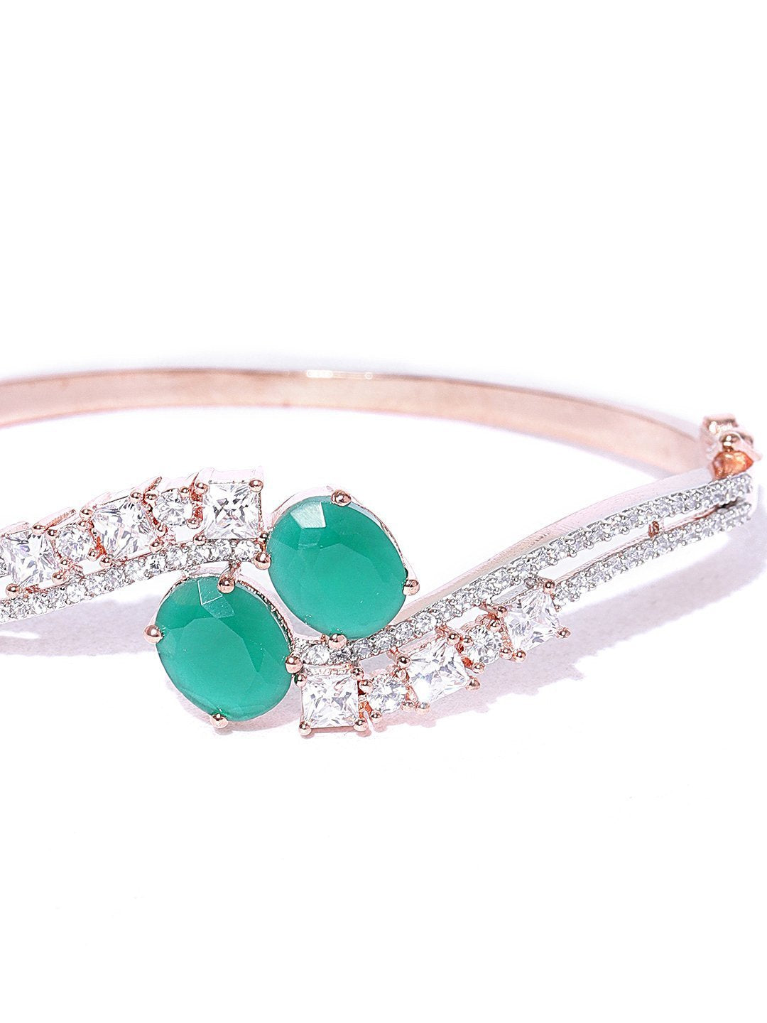 Women's Rose Gold-Plated American Diamond and Emerald Studded Bracelet in Green Color - Priyaasi