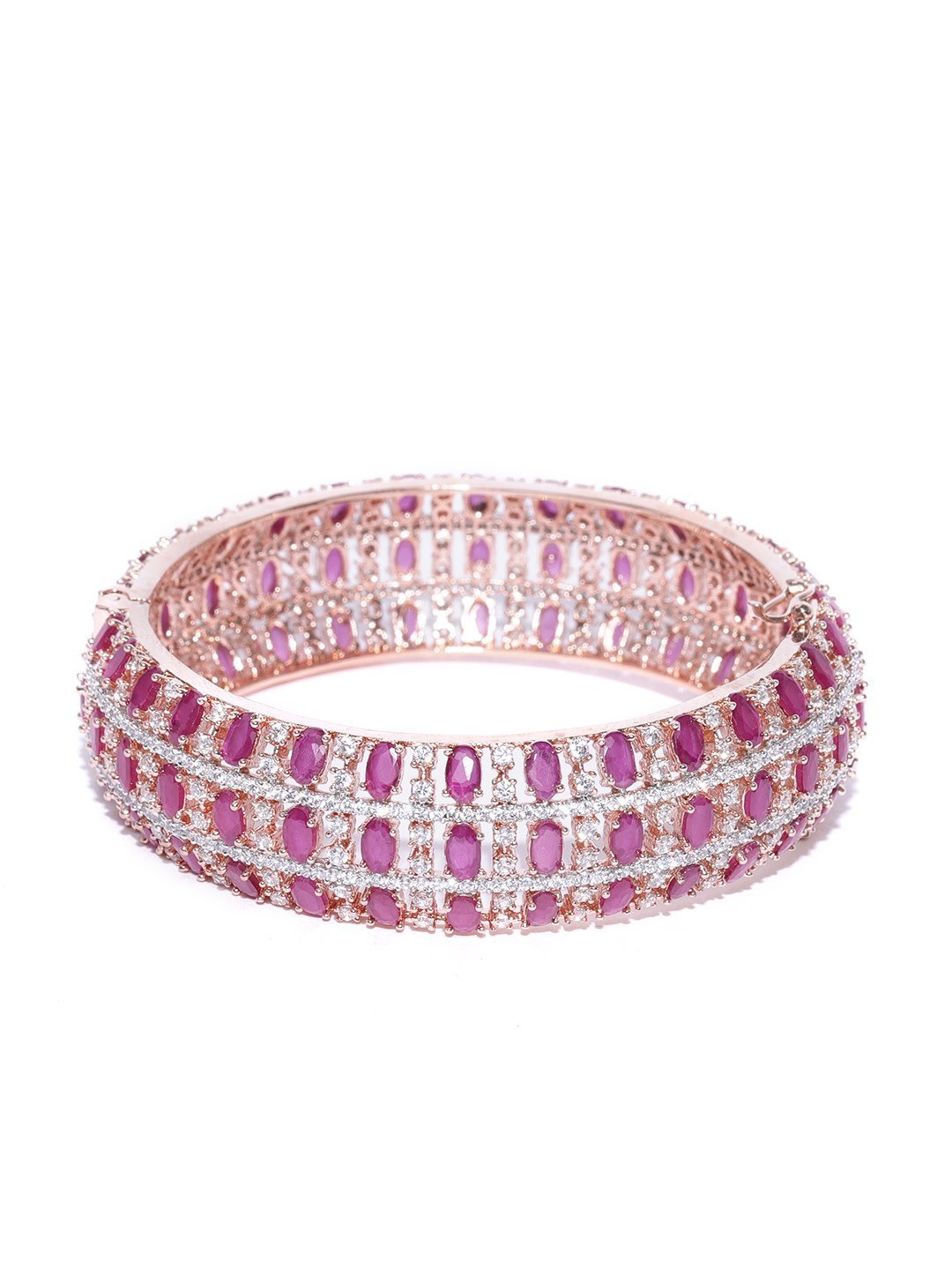 Women's Rose Gold-Plated American Diamond and Ruby Studded Kada Bracelet in Magenta And White Color - Priyaasi