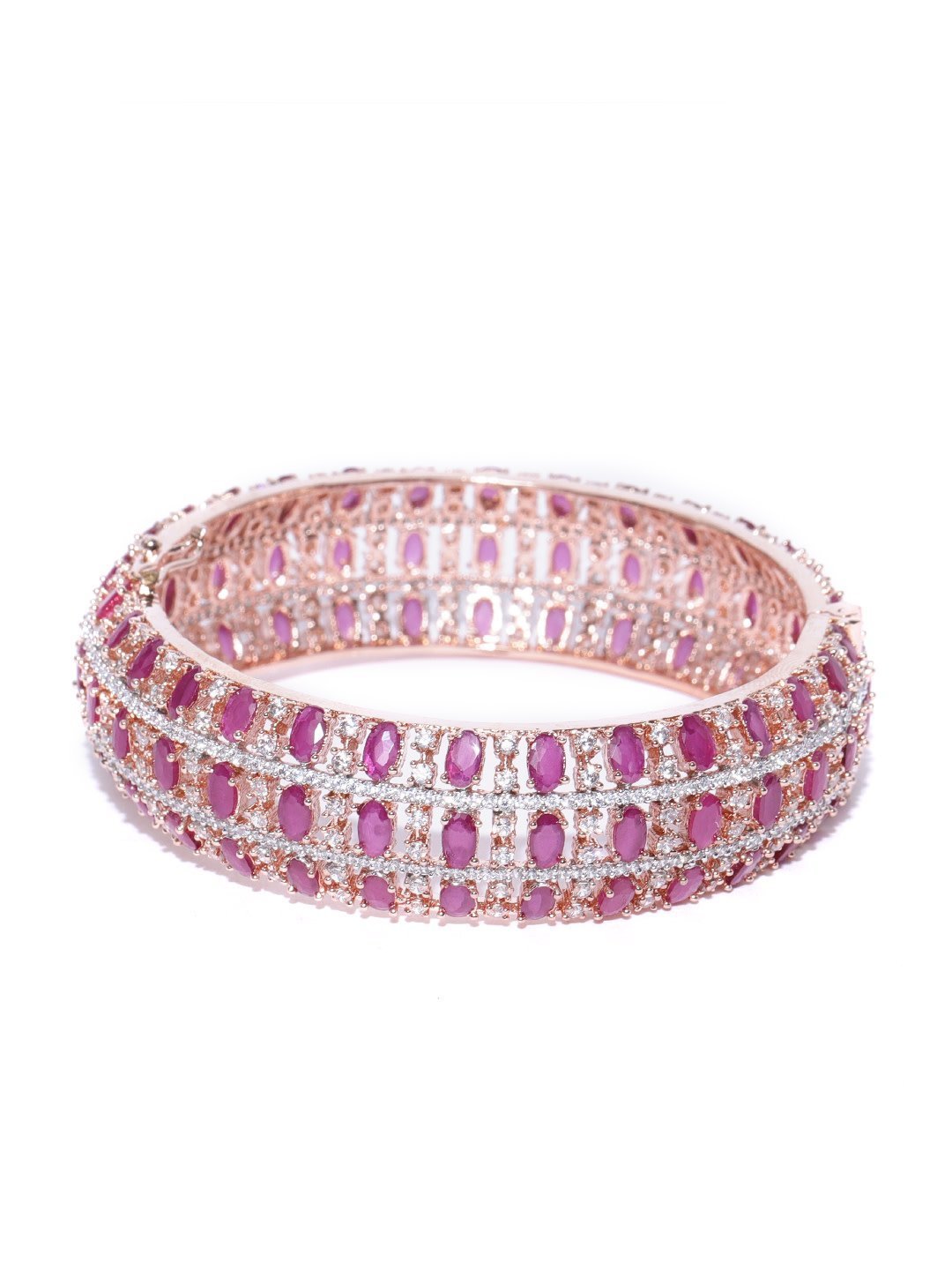 Women's Rose Gold-Plated American Diamond and Ruby Studded Kada Bracelet in Magenta And White Color - Priyaasi