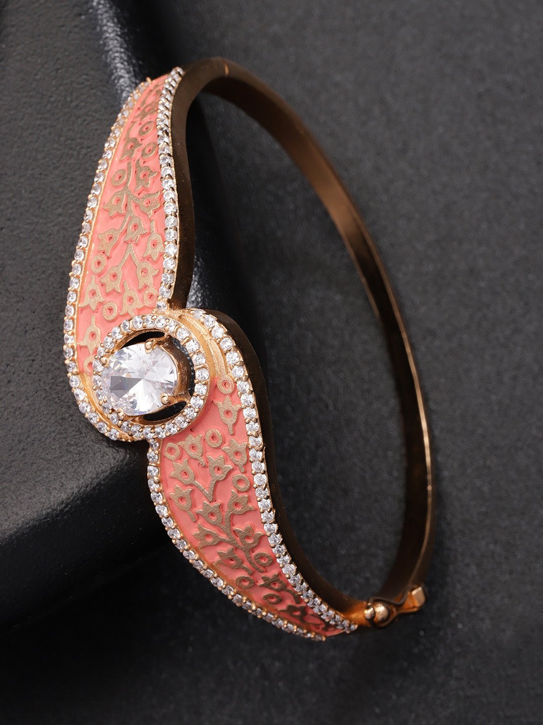 Women's Gold-Plated American Diamond Studded, Meenakari Bracelet in Peach Color - Priyaasi