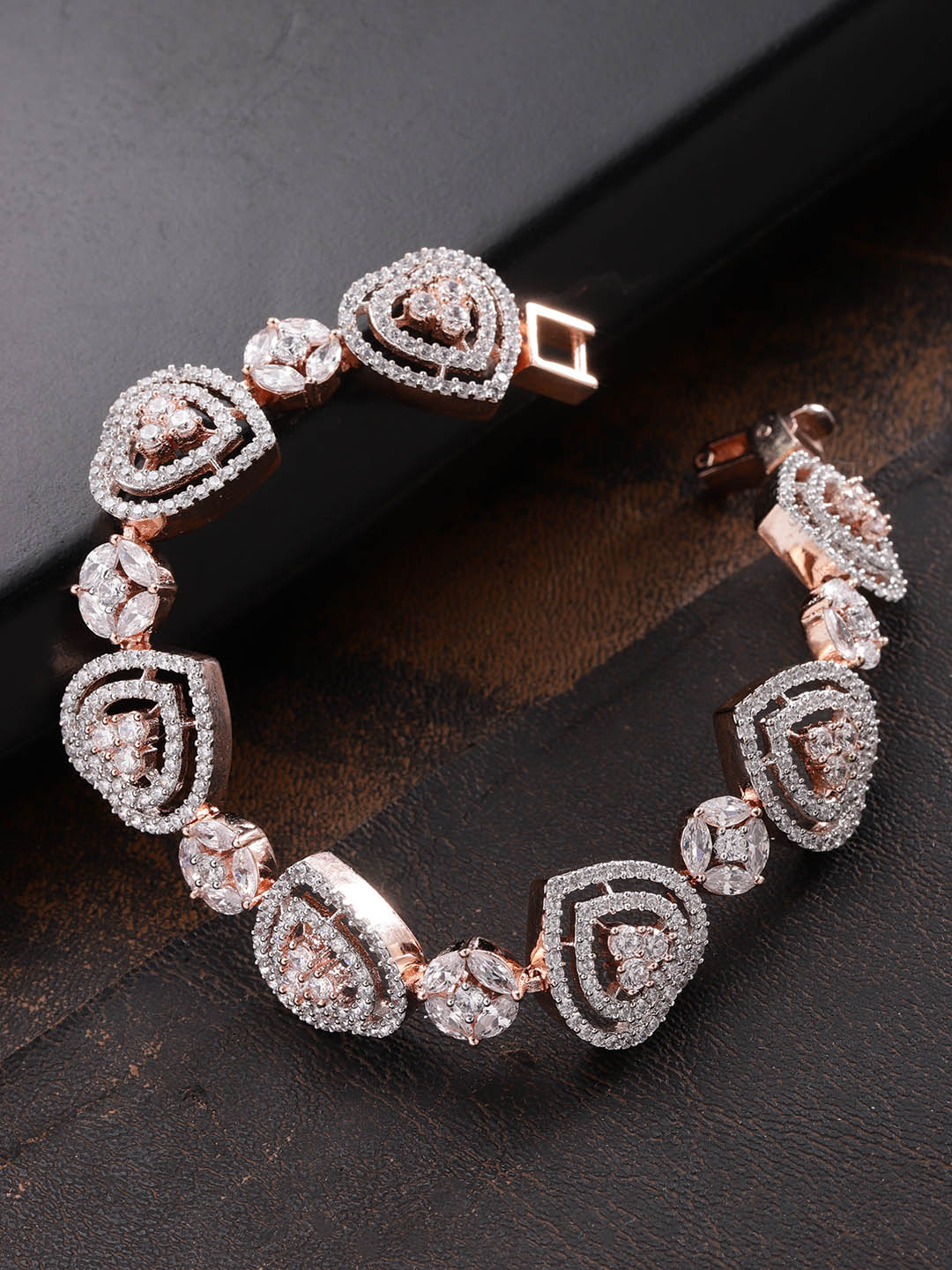 Women's Rose Gold-Plated American Diamond Studded Link Bracelet in Heart Pattern - Priyaasi