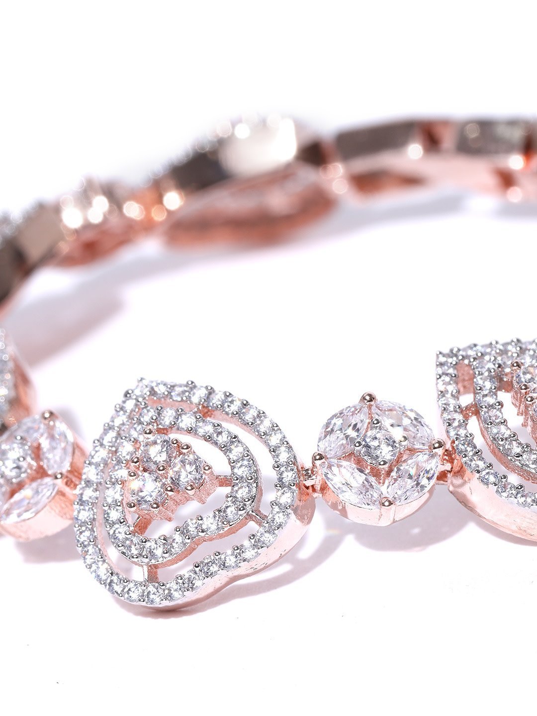 Women's Rose Gold-Plated American Diamond Studded Link Bracelet in Heart Pattern - Priyaasi