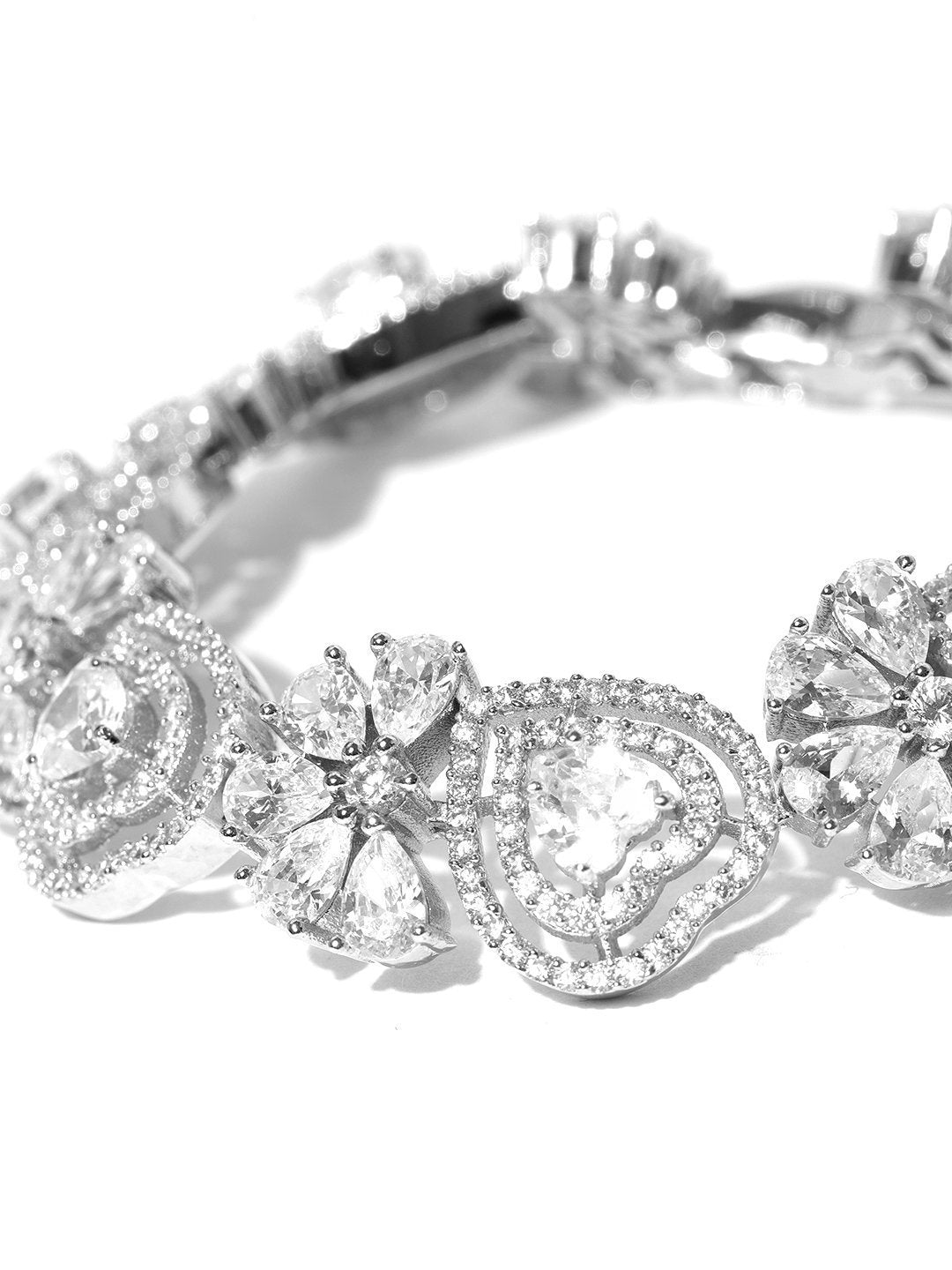 Women's Silver-Plated American Diamond Studded Link Bracelet in Heart Pattern - Priyaasi