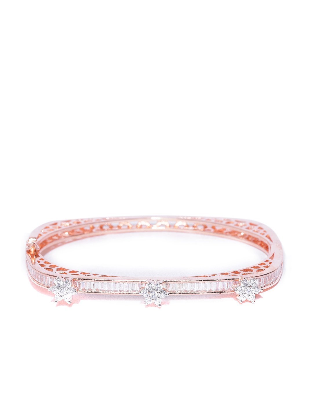 Women's Rose Gold-Plated American Diamond Studded, Floral Patterned Bracelet in Square Shape - Priyaasi