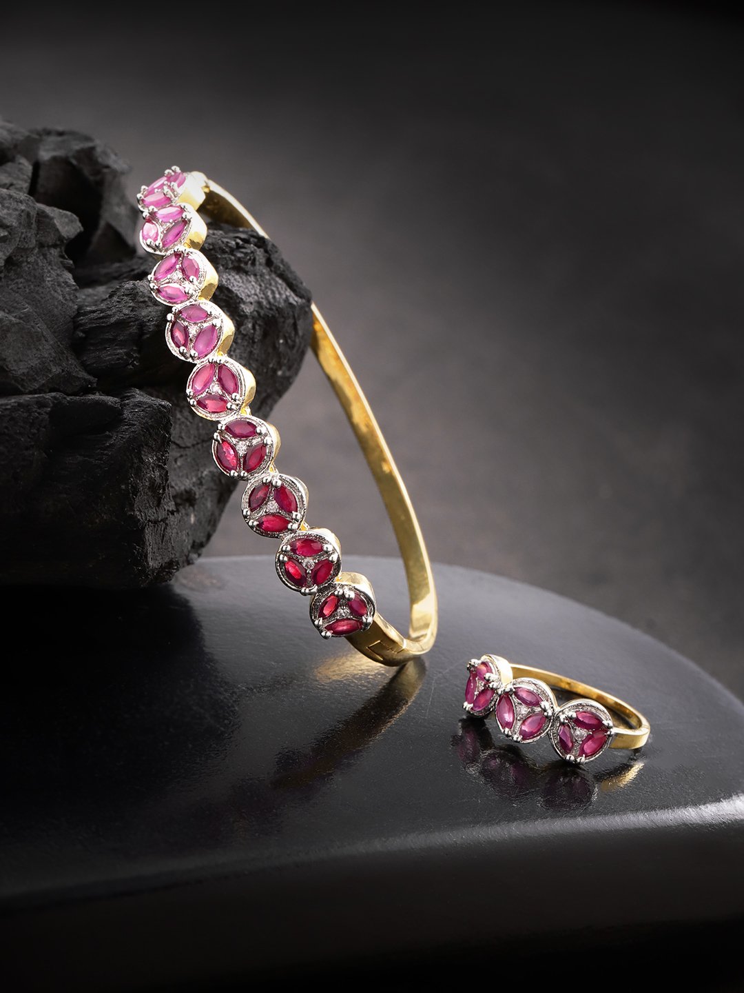 Women's Gold-Plated American Diamond and Ruby Studded Bracelet With Finger Ring in Magenta Color - Priyaasi