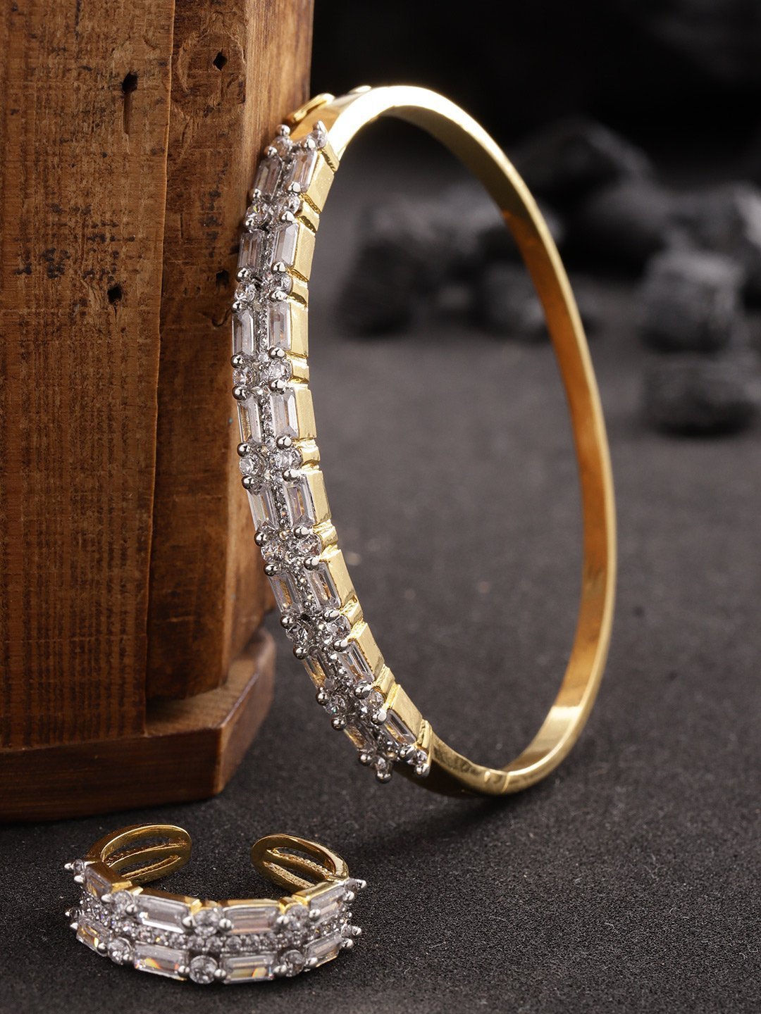 Women's Gold-Plated American Diamond Studded Bracelet With Finger Ring - Priyaasi