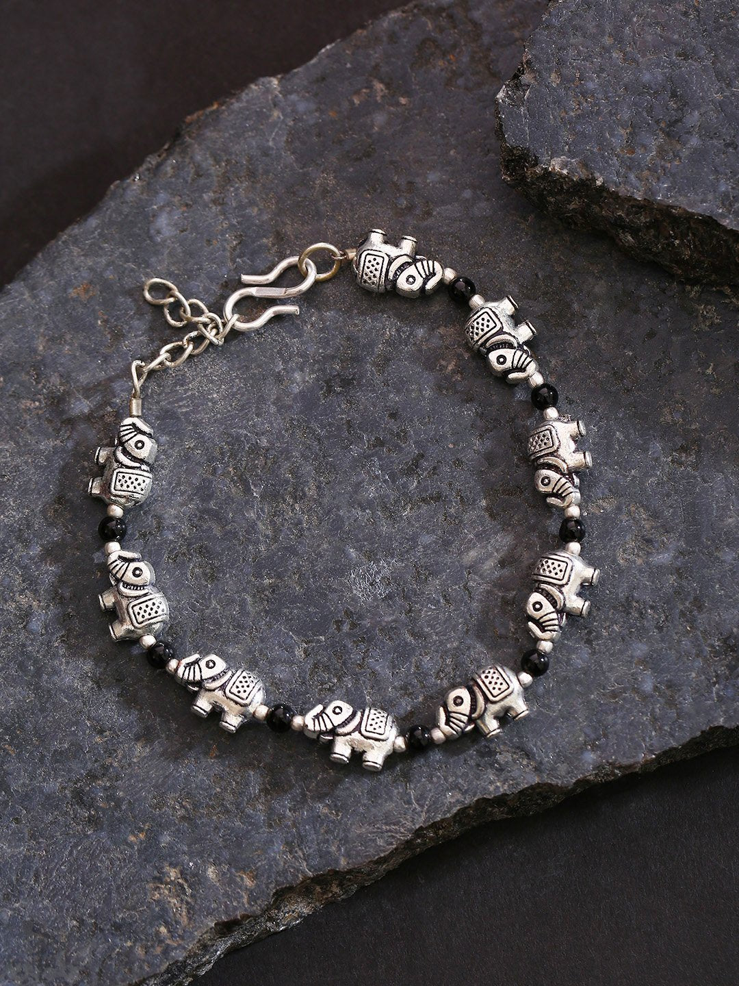 Women's  Antique Oxidised Silver-Toned Elephant Inspired Adjustable Chain Bracelet - Priyaasi