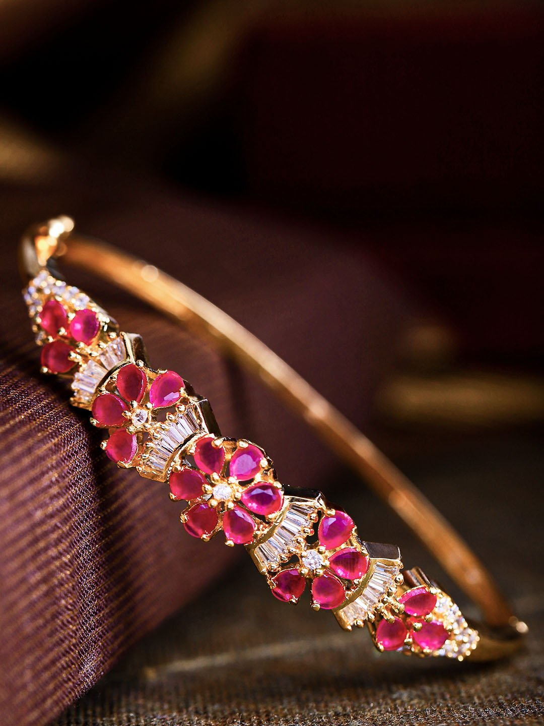 Women's  American Diamond and Ruby Stones Studded Floral Patterned Bracelet in Magenta Color - Priyaasi