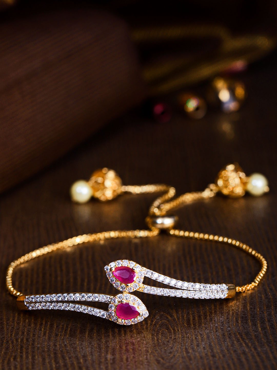 Women's  American Diamond and Ruby Studded Link Bracelet - Priyaasi