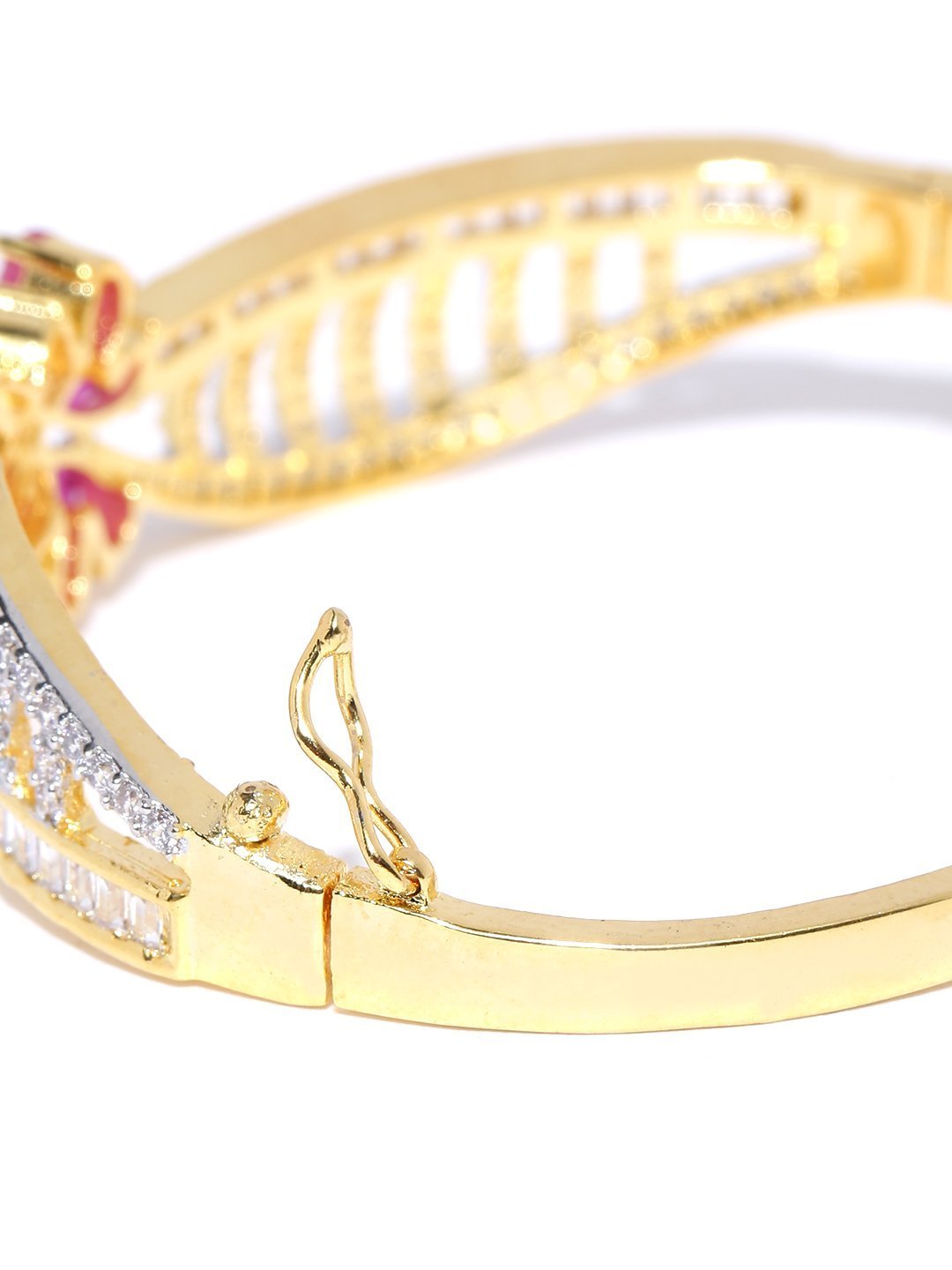 Women's Gold-Plated American Diamond and Ruby Studded Floral Patterned Bracelet in Pink Color - Priyaasi