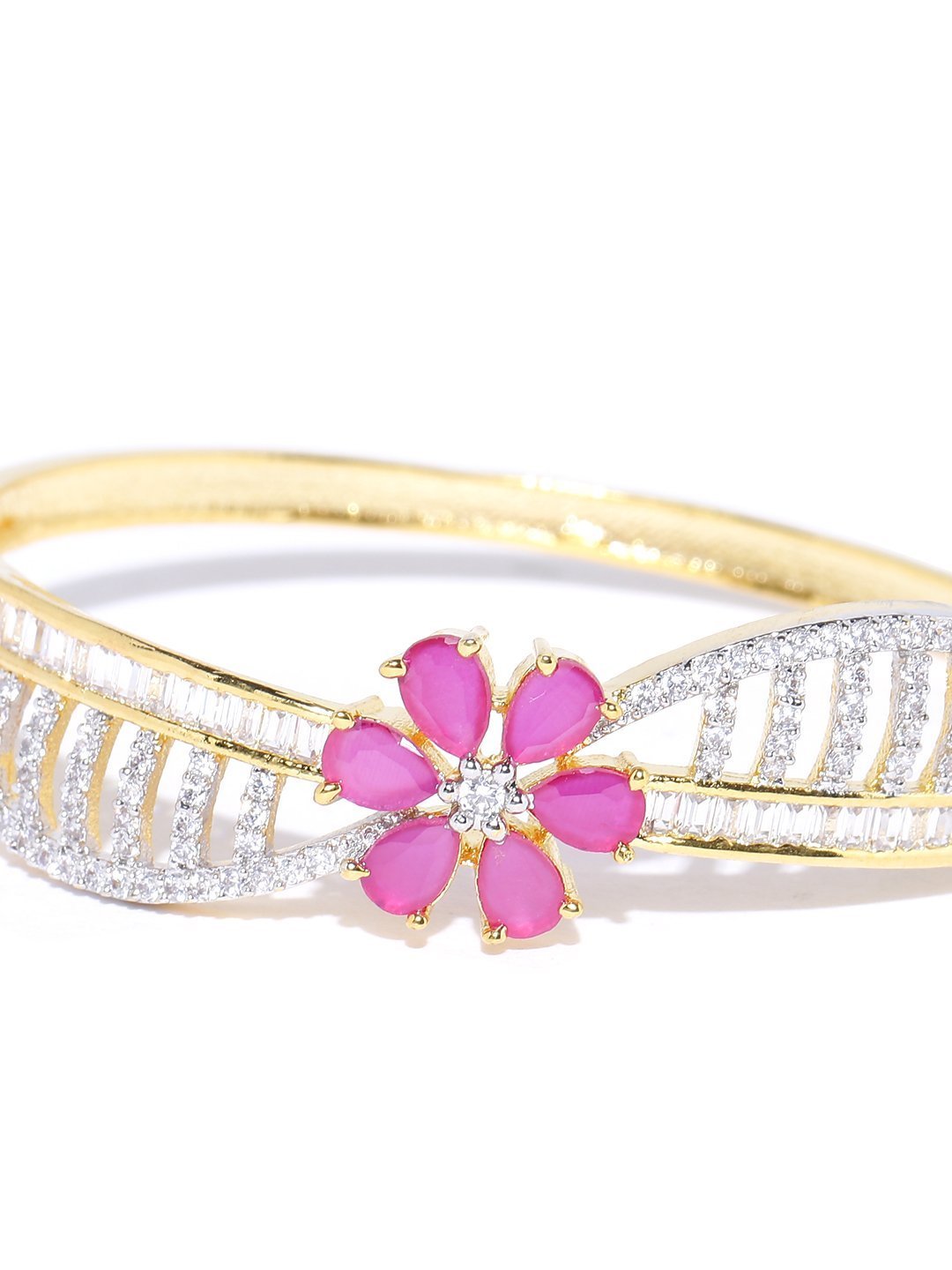 Women's Gold-Plated American Diamond and Ruby Studded Floral Patterned Bracelet in Pink Color - Priyaasi