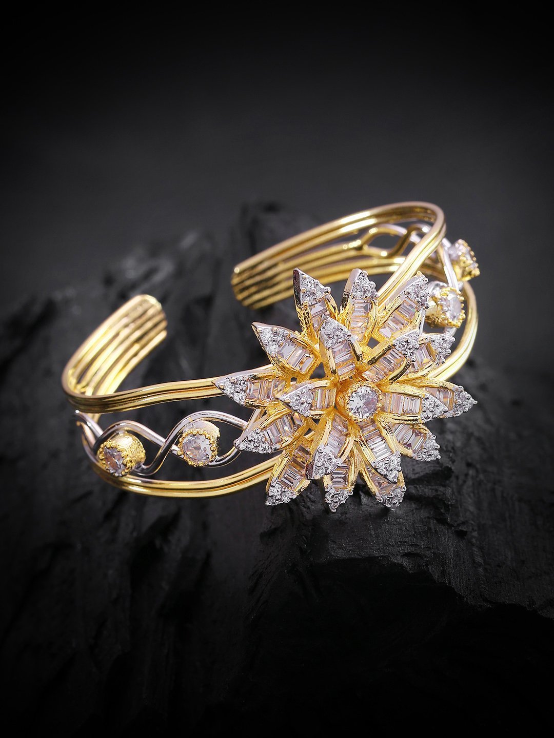 Women's Gold-Plated American Diamond Studded Cuff Bracelet in Floral Pattern - Priyaasi