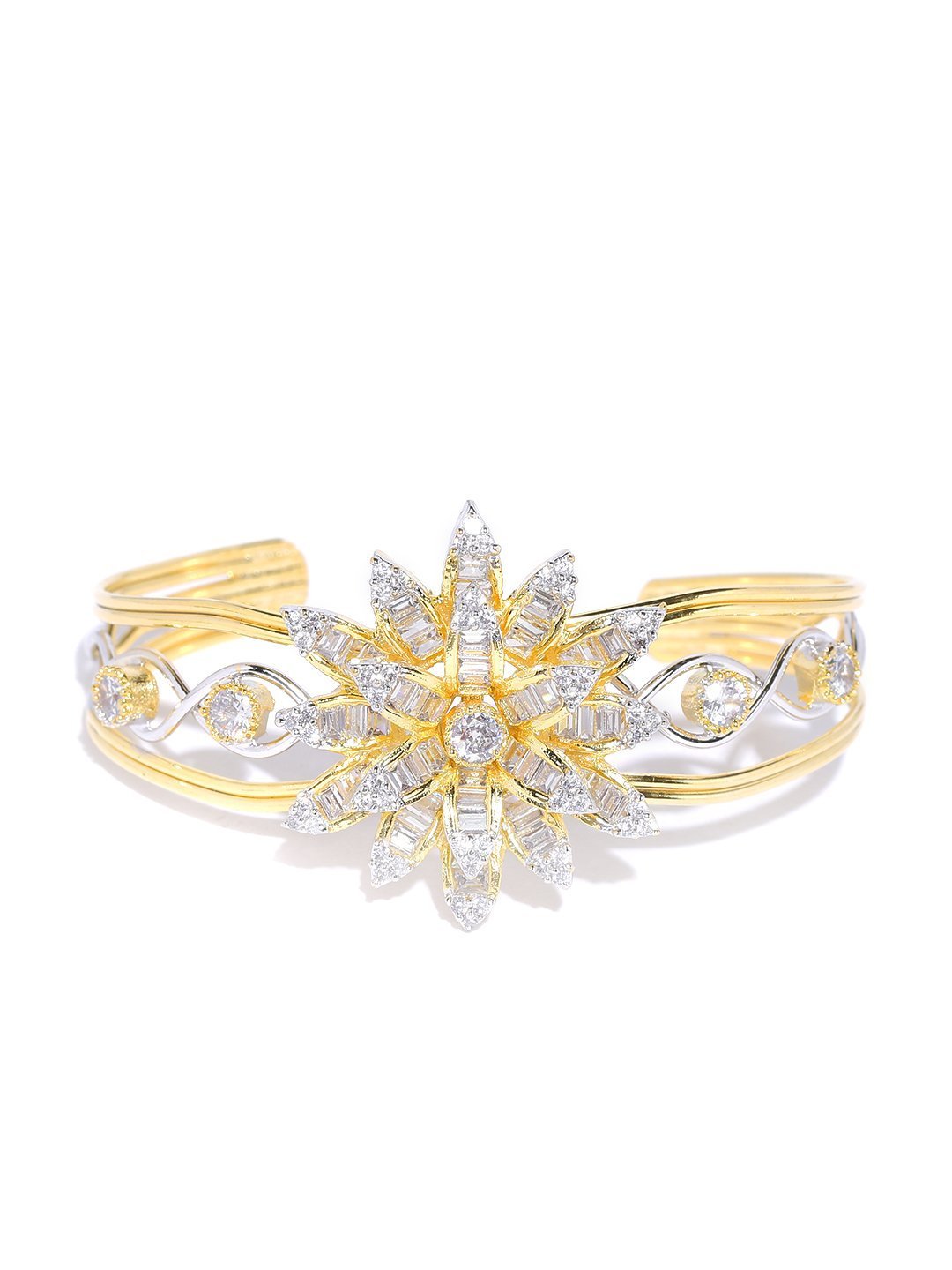 Women's Gold-Plated American Diamond Studded Cuff Bracelet in Floral Pattern - Priyaasi
