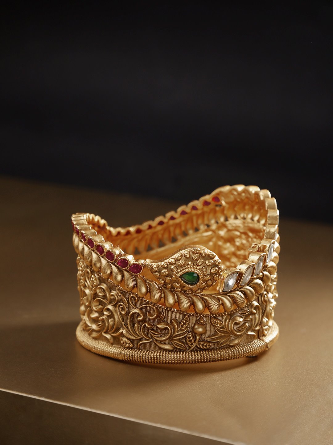 Women's Gold-Plated Kundan and Ruby Studded Floral Patterned Broad Bracelet - Priyaasi