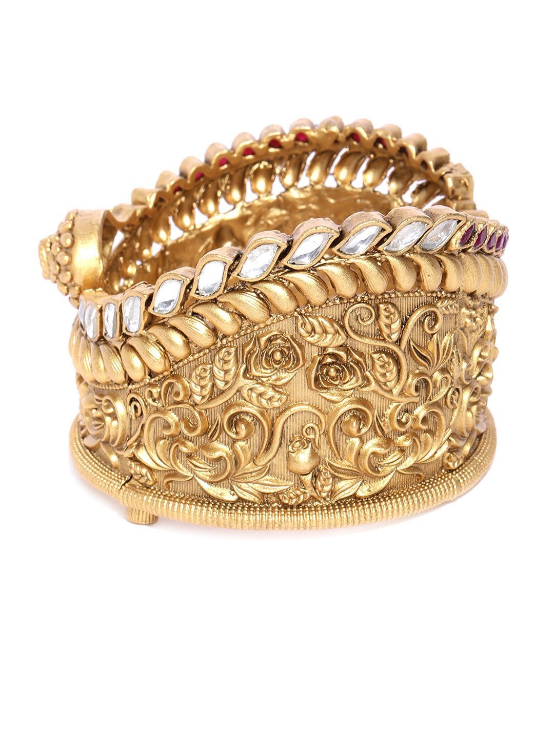 Women's Gold-Plated Kundan and Ruby Studded Floral Patterned Broad Bracelet - Priyaasi