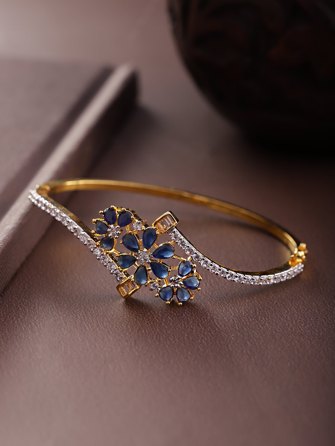 Women's Gold-Plated American Diamond Studded, Floral Patterned Bracelet in Blue Color - Priyaasi