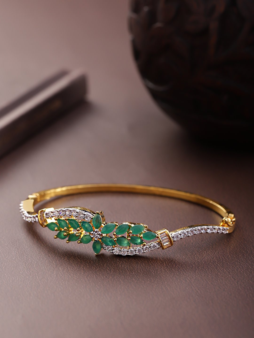 Women's Gold-Plated American Diamond and Emerald Studded, Floral Patterned Bracelet in Green Color - Priyaasi