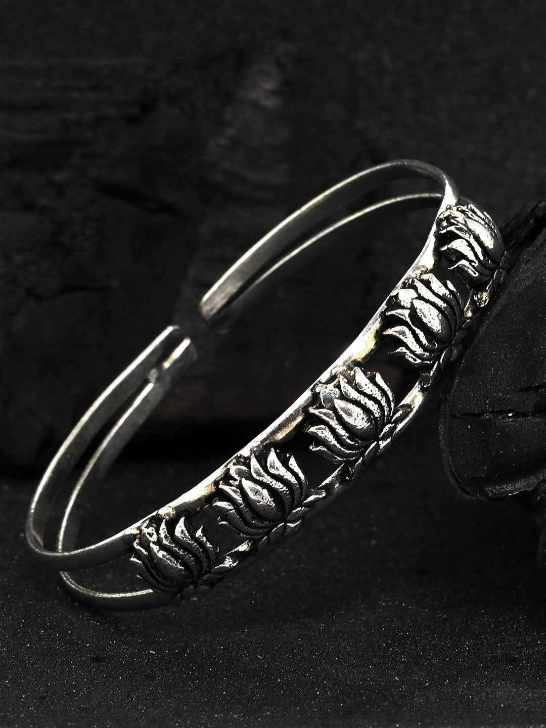 Women's Oxidized Silver-Plated Cuff Bracelet with floral pattern - Priyaasi