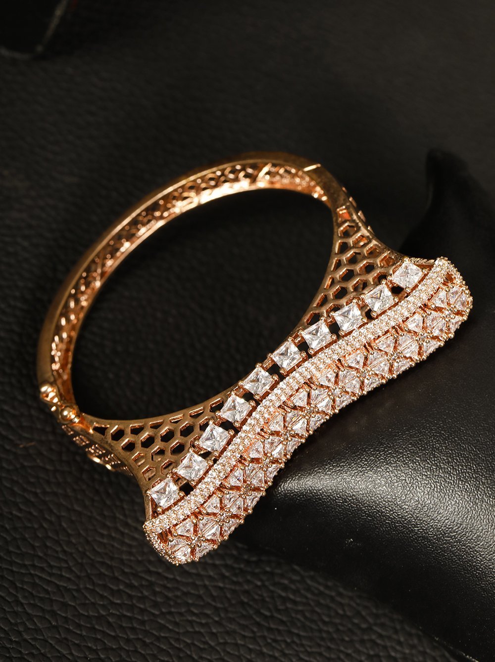 Women's Rose Gold Plated American Diamond Party Bangle Style Bracelet - Priyaasi