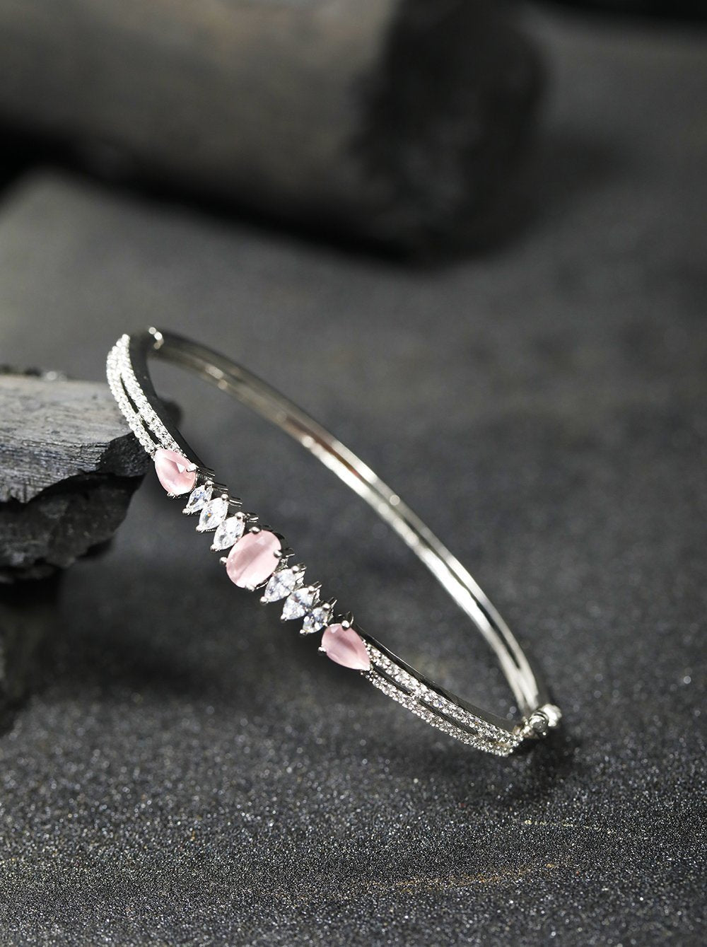 Women's Pink Stone Studded Silver Plated Bracelet - Priyaasi