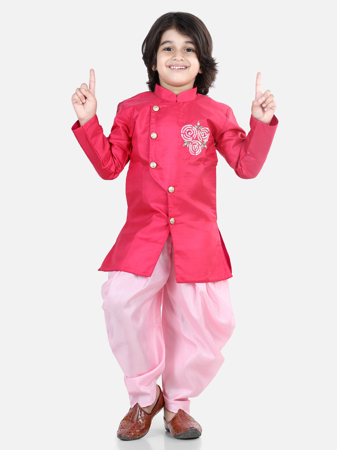 Boy's Pink Color Hand Embroidered Kurta Dhoti  - NOZ2TOZ KIDS