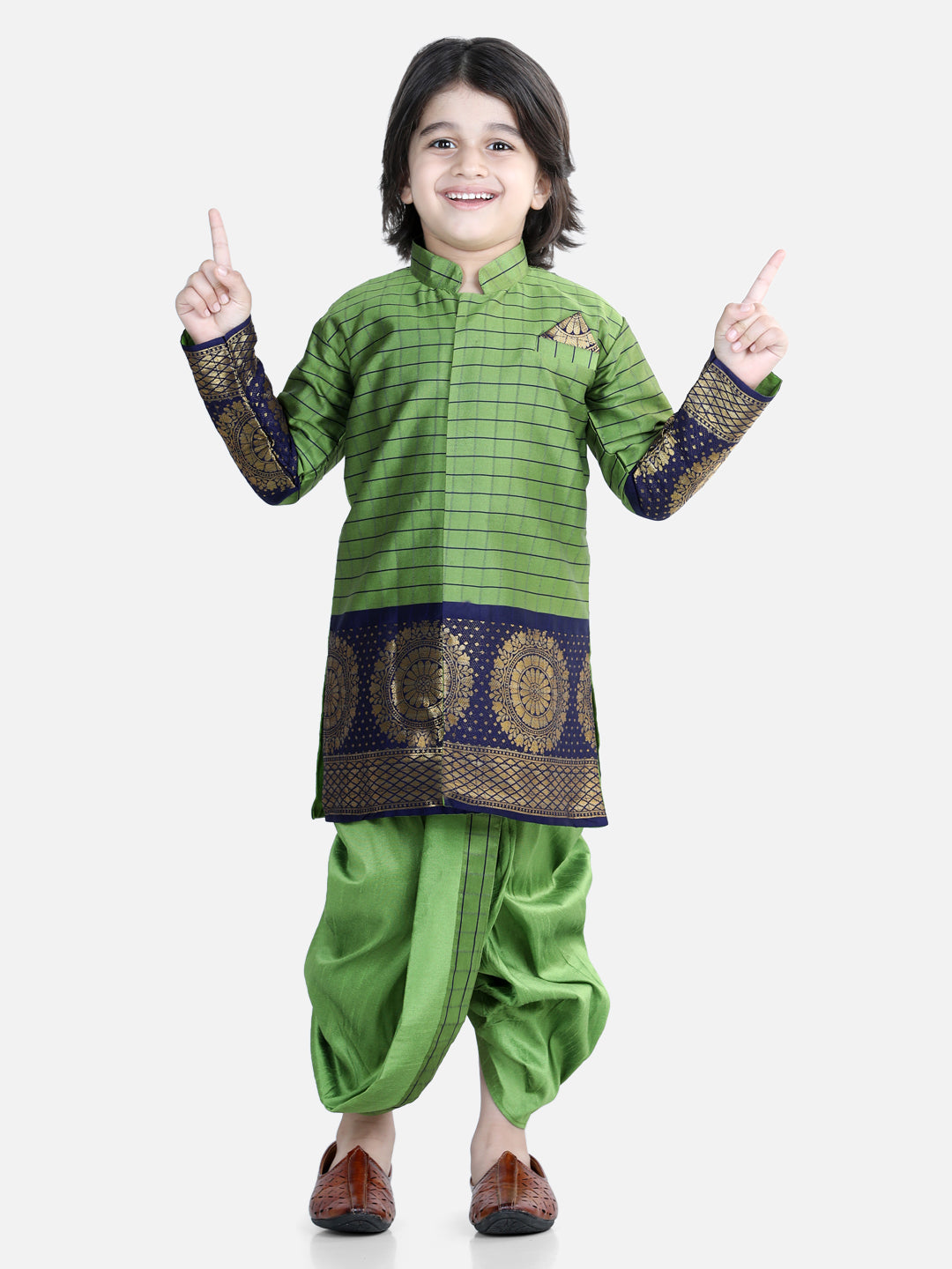 Boy's Green Color Full Sleeve Silk Border Dhoti Kurta  - NOZ2TOZ KIDS