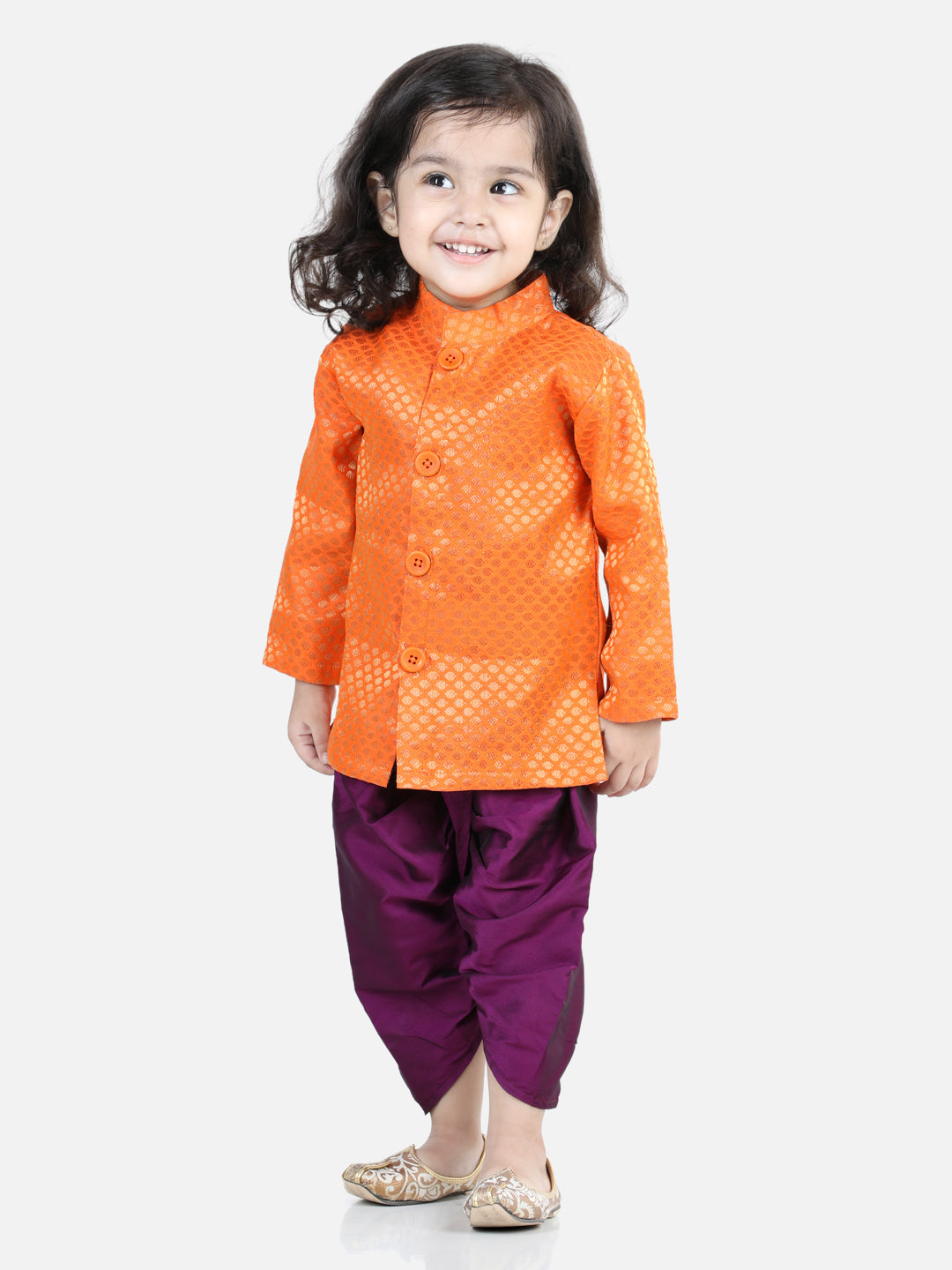 Boy's Orange Color Jacquard Full Sleeve Sherwani Dhoti - NOZ2TOZ KIDS