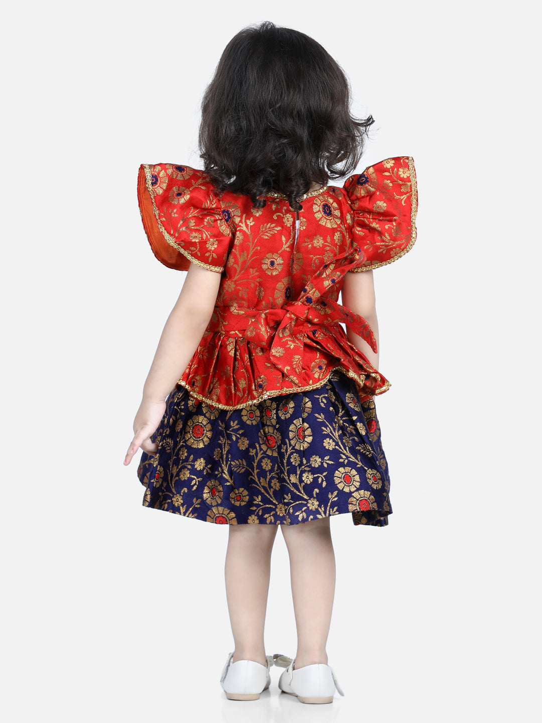 Girl's Orange Color Jacquard Ruffle Sleeve Frock Party Dress - NOZ2TOZ KIDS