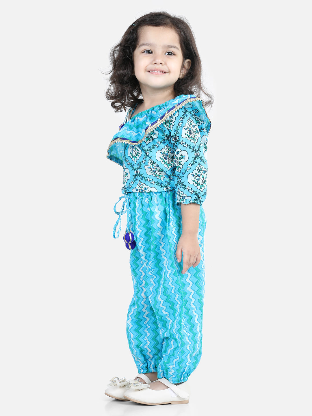Girl's Blue Color One Sleeve Ruffle Pure Cotton Top with Harem  - NOZ2TOZ KIDS
