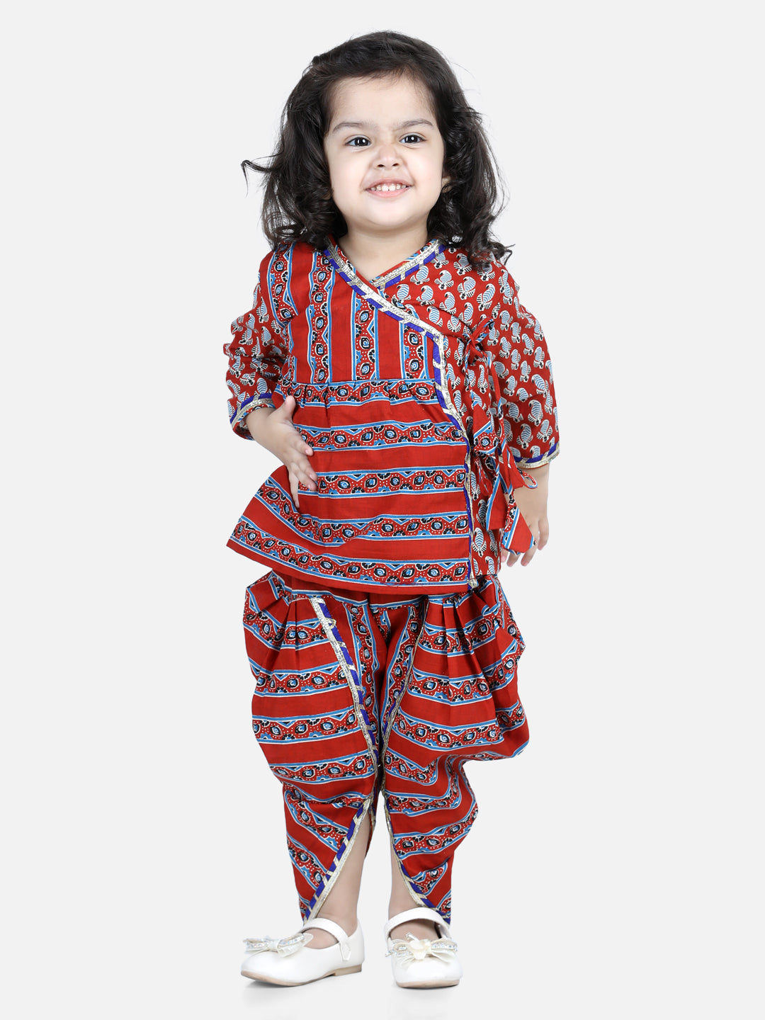 Girl's Red Color Front Open Pure Cotton Angrakha Top Dhoti  - NOZ2TOZ KIDS