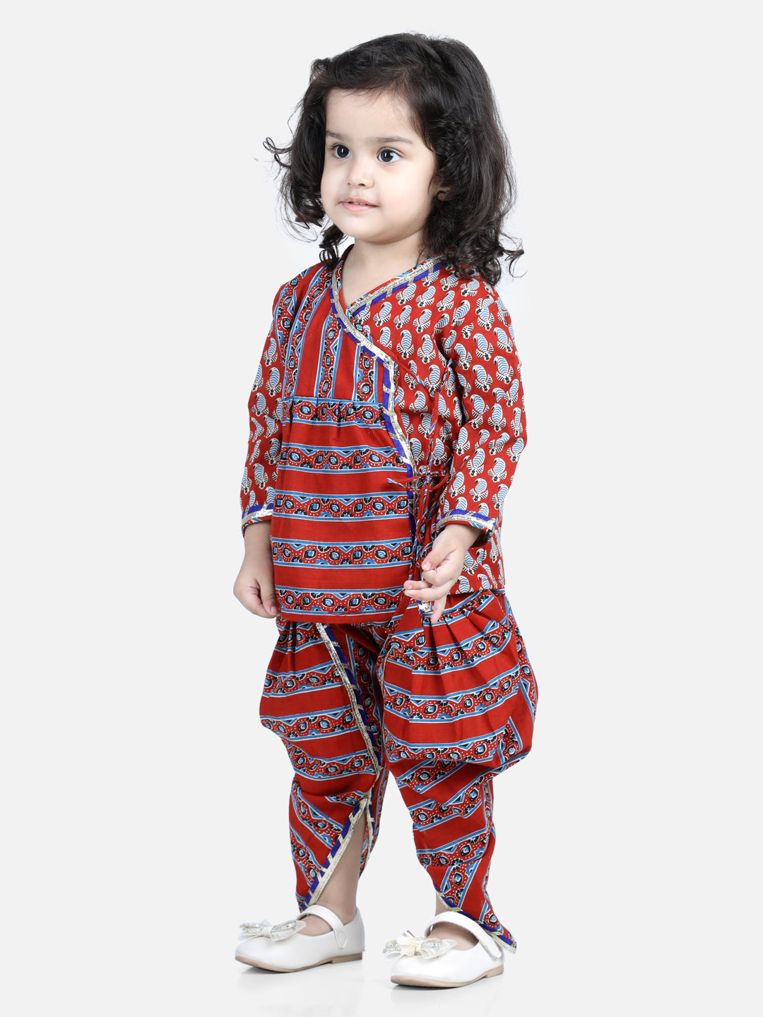 Girl's Red Color Front Open Pure Cotton Angrakha Top Dhoti  - NOZ2TOZ KIDS
