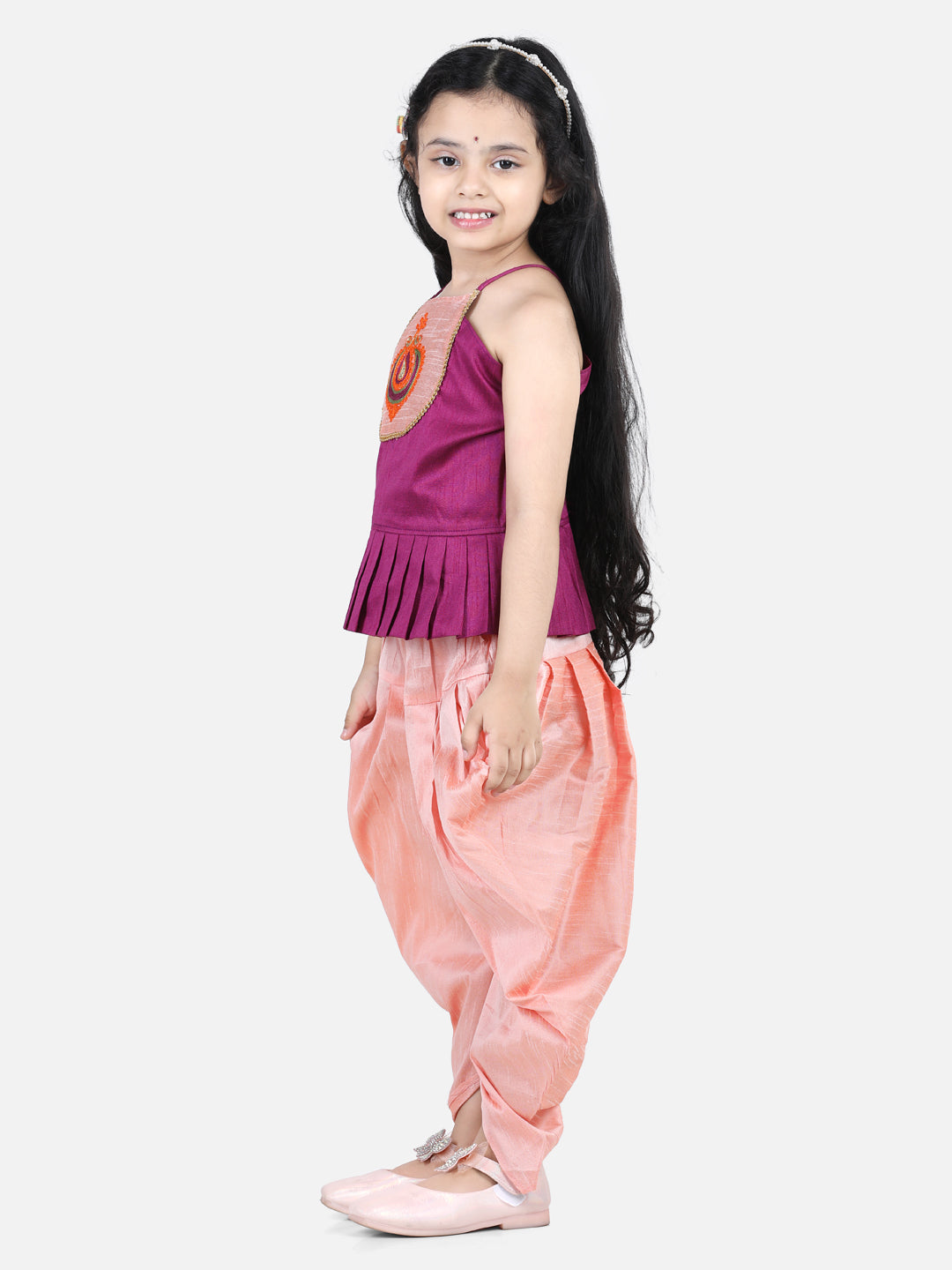 Girl's Purple Color Hand Embroidered Grecian Neck Top Dhoti  - NOZ2TOZ KIDS