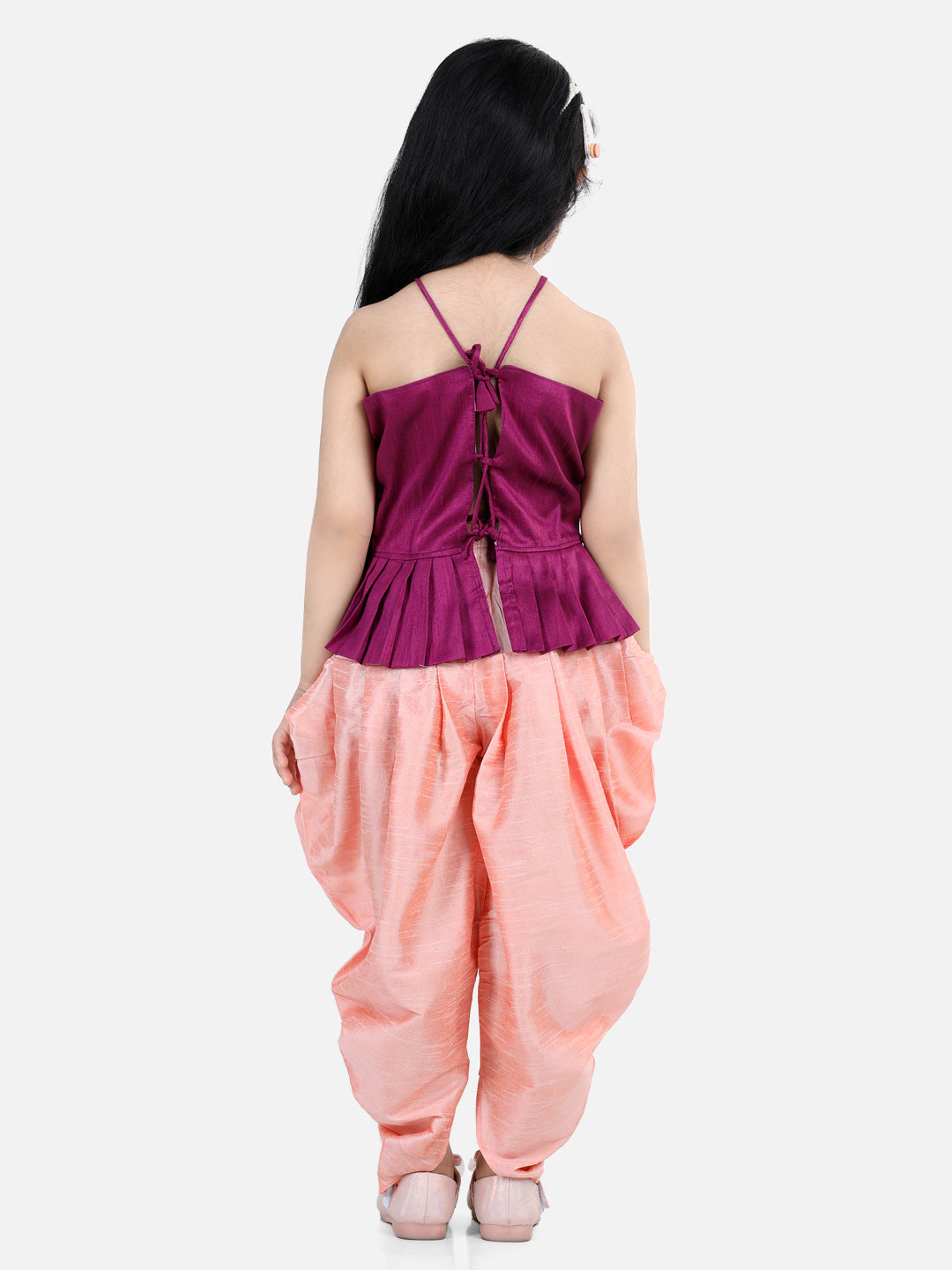 Girl's Purple Color Hand Embroidered Grecian Neck Top Dhoti  - NOZ2TOZ KIDS