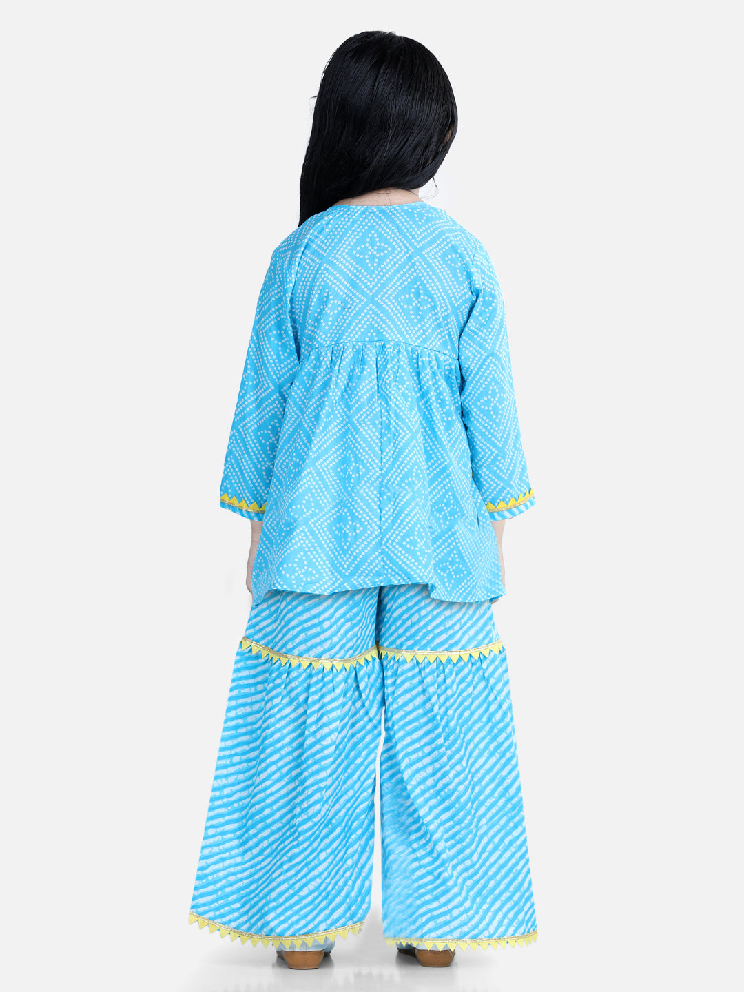 Girl's Blue Color Block Print Cotton Angrakha with Sharara - NOZ2TOZ KIDS