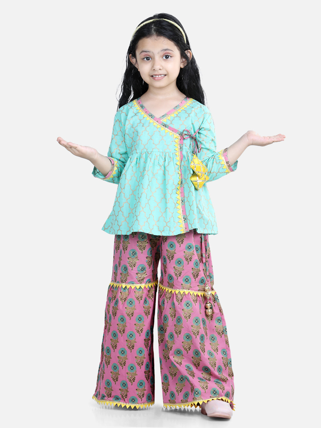 Girl's Green Color Block Print Cotton Angrakha with Sharara - NOZ2TOZ KIDS