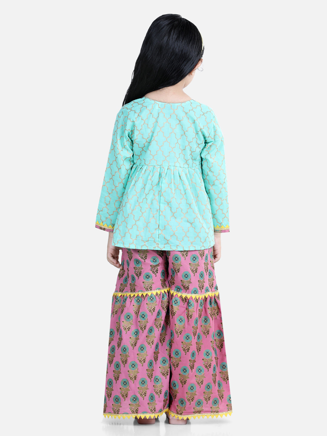 Girl's Green Color Block Print Cotton Angrakha with Sharara - NOZ2TOZ KIDS