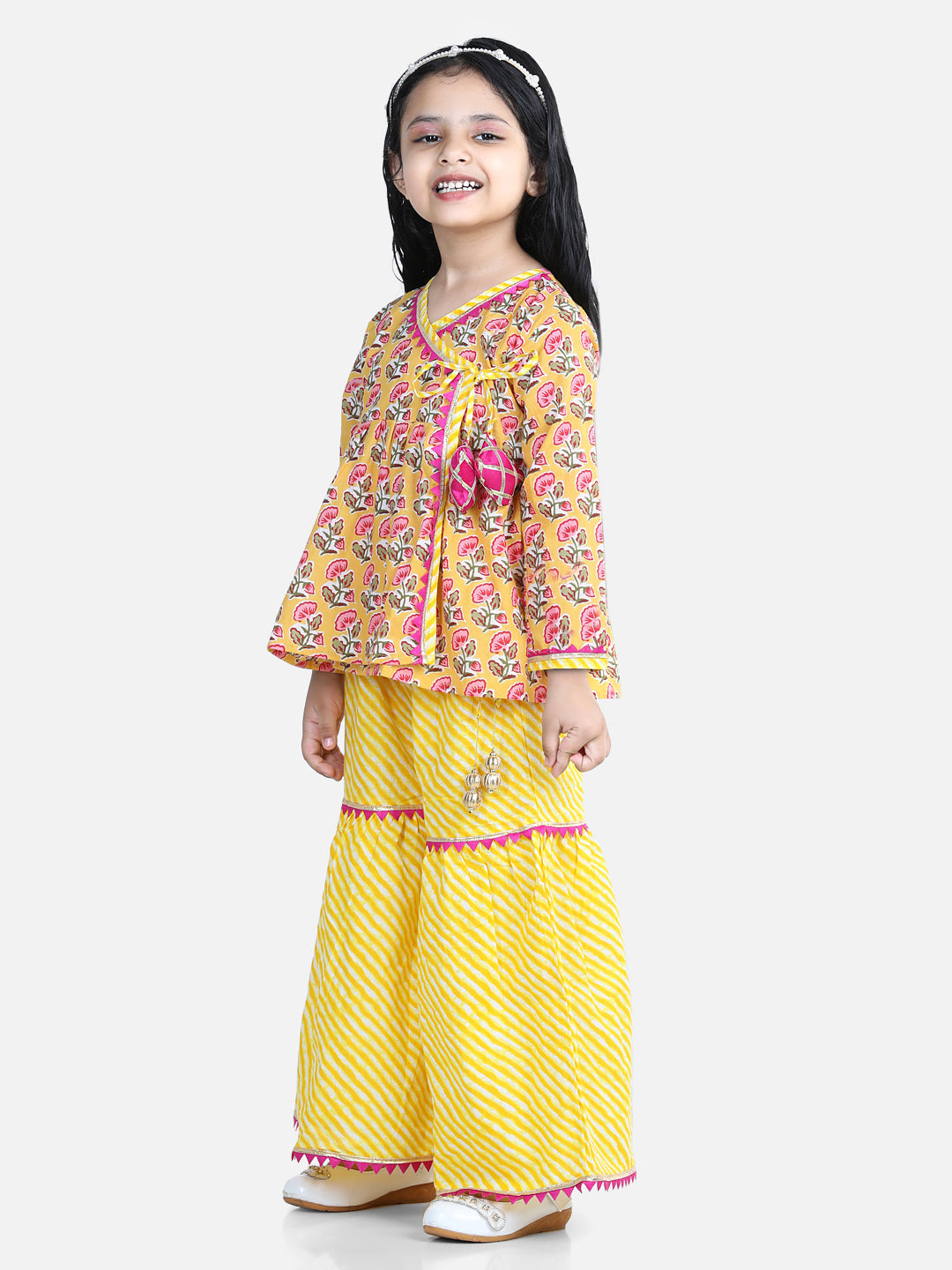 Girl's Yellow Color Block Print Cotton Angrakha with Sharara - NOZ2TOZ KIDS