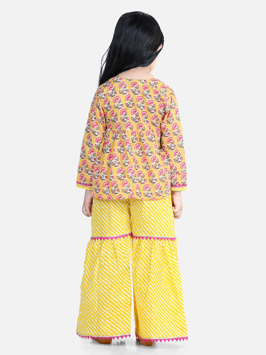 Girl's Yellow Color Block Print Cotton Angrakha with Sharara - NOZ2TOZ KIDS