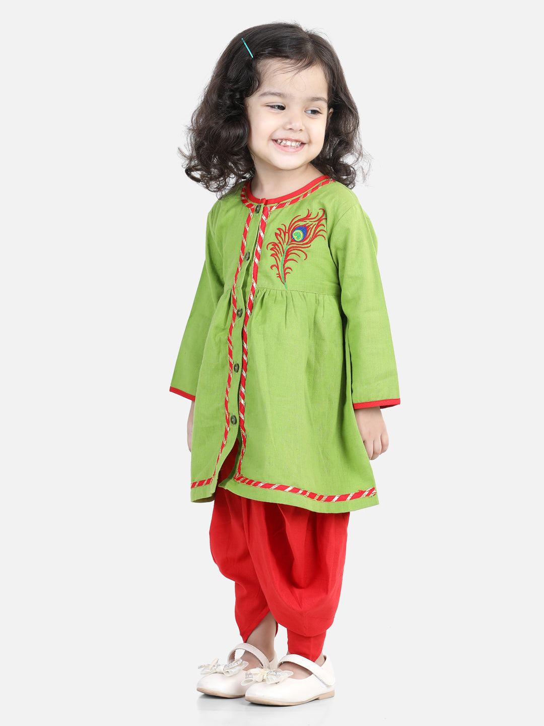 Girl's Green Color Cotton Embroidery Top Dhoti - NOZ2TOZ KIDS