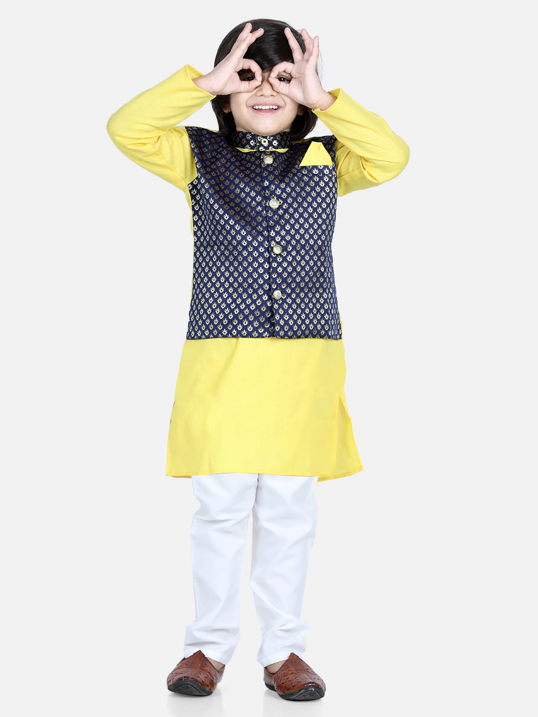 Boy's Yellow Color Attached Jacquard Jacket Kurta Pajama  - NOZ2TOZ KIDS