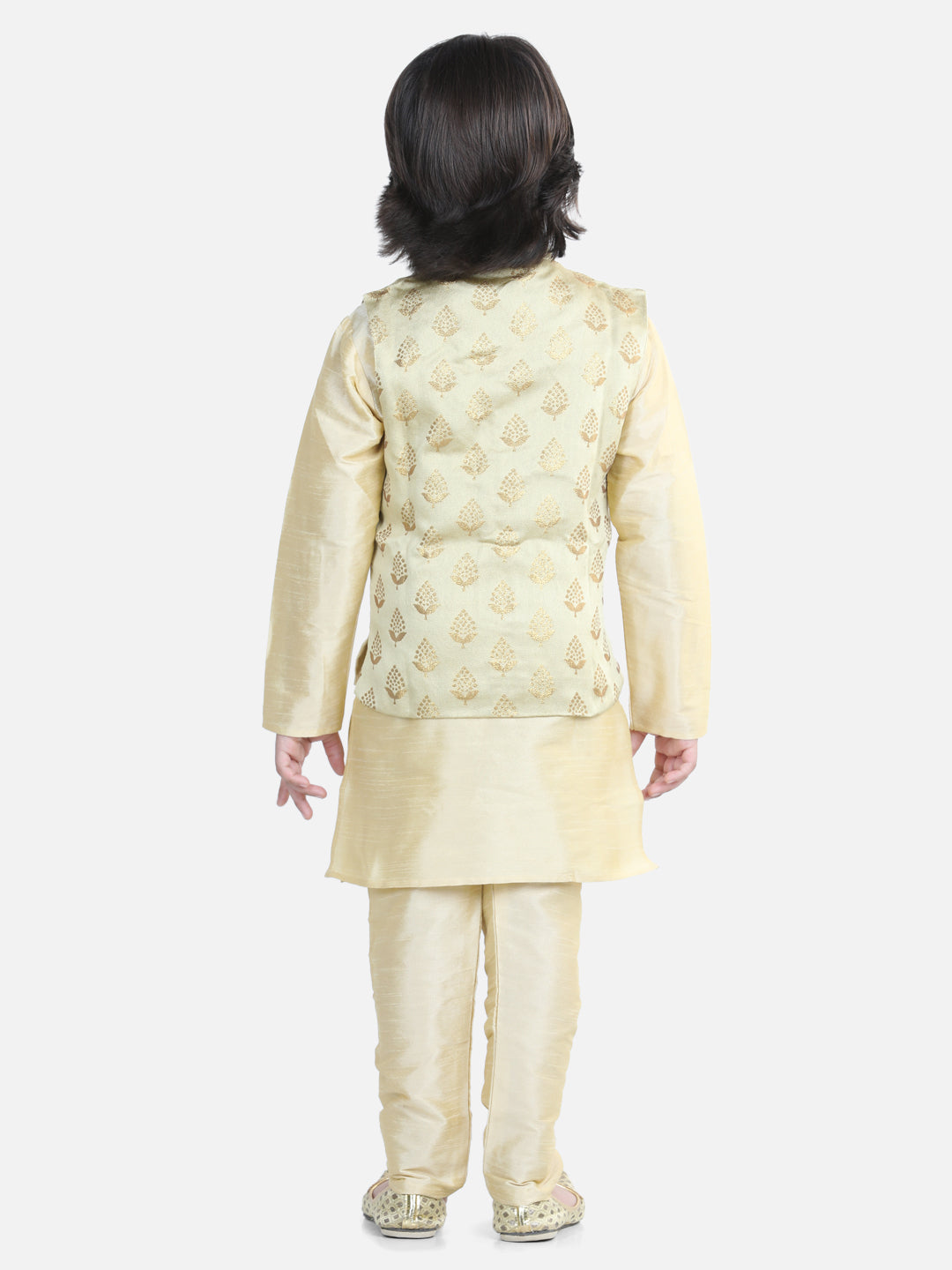 Boy's Beige Color 3 Piece Jacquard Jacket Silk Kurta Pajama  - NOZ2TOZ KIDS