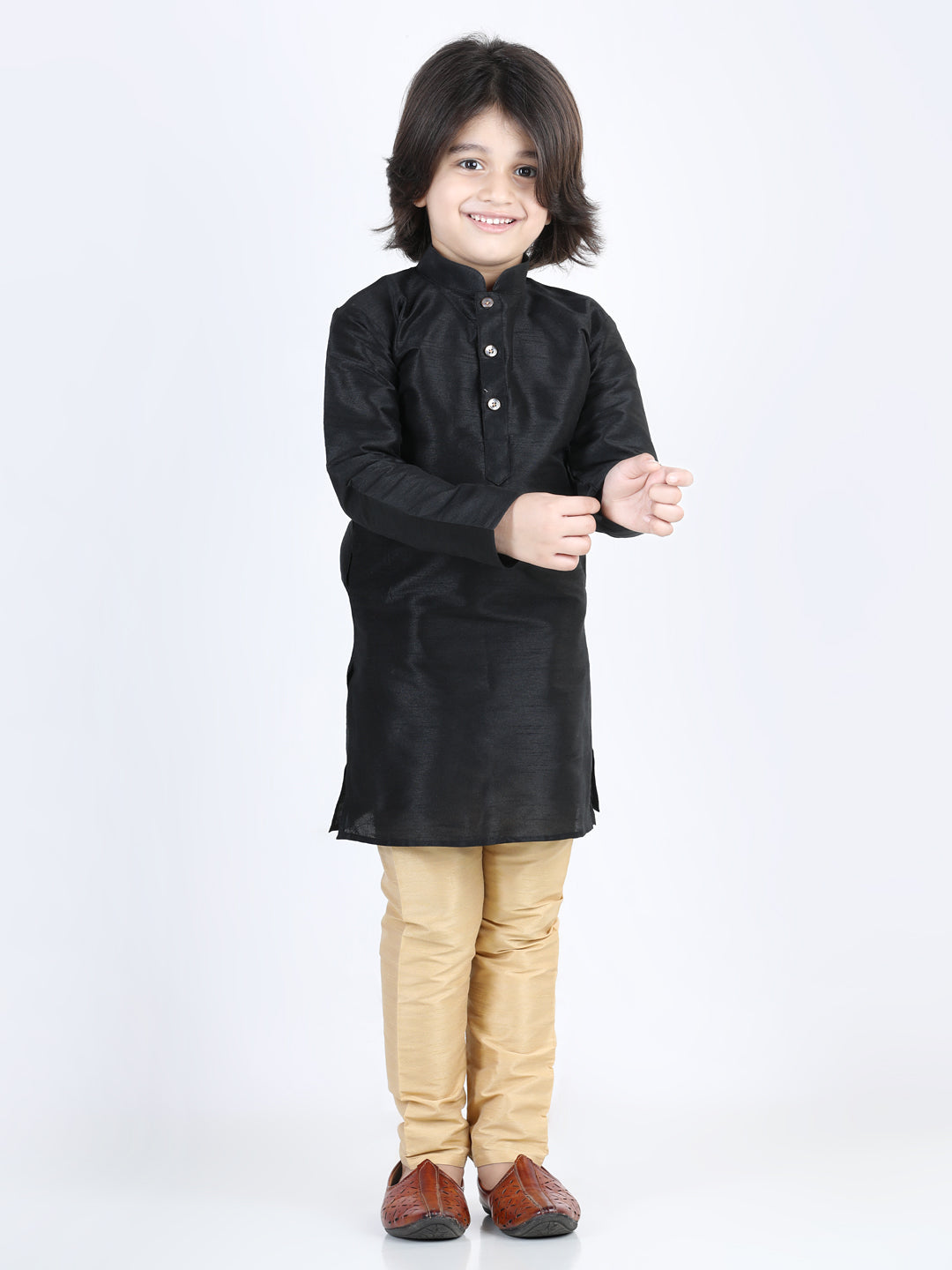 Boy's Black Color 3 Piece Jacquard Jacket Silk Kurta Pajama  - NOZ2TOZ KIDS